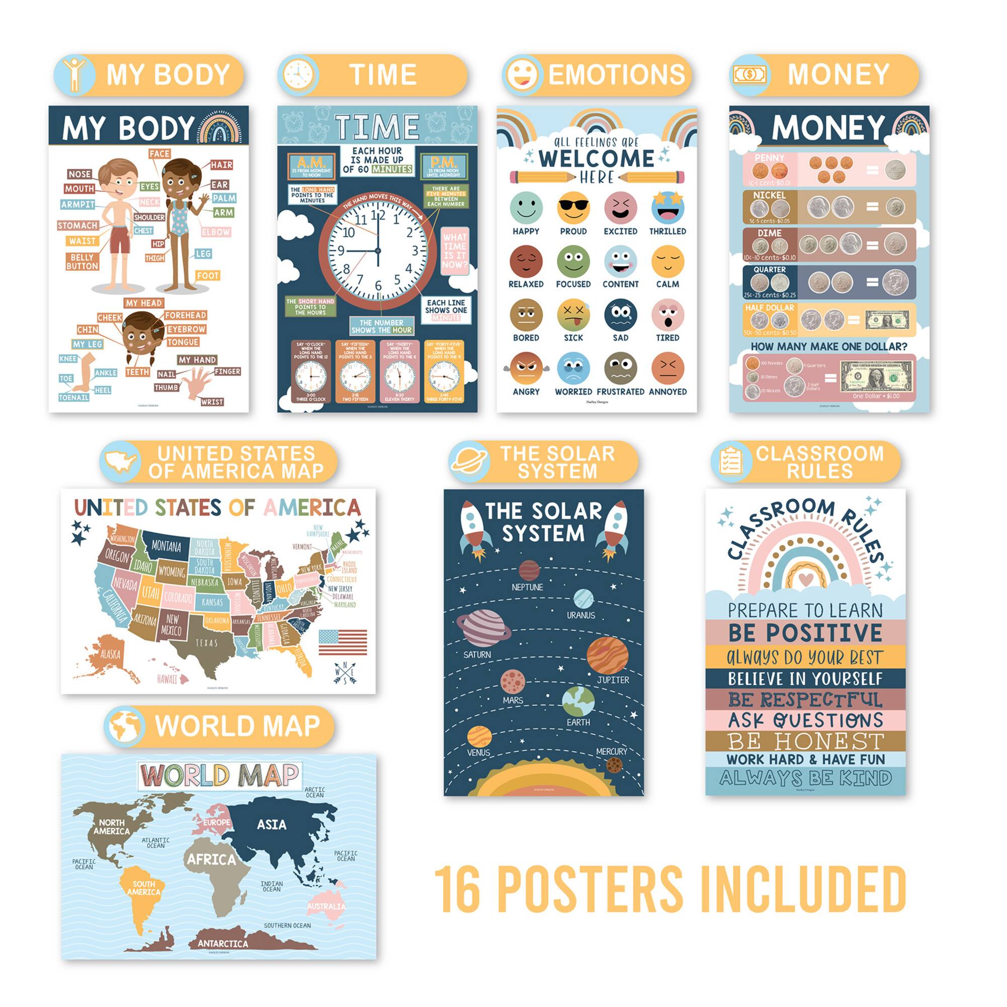 Hadley Designs 11" x 17" Boho Preschool Educational Laminated Posters for Toddlers Set